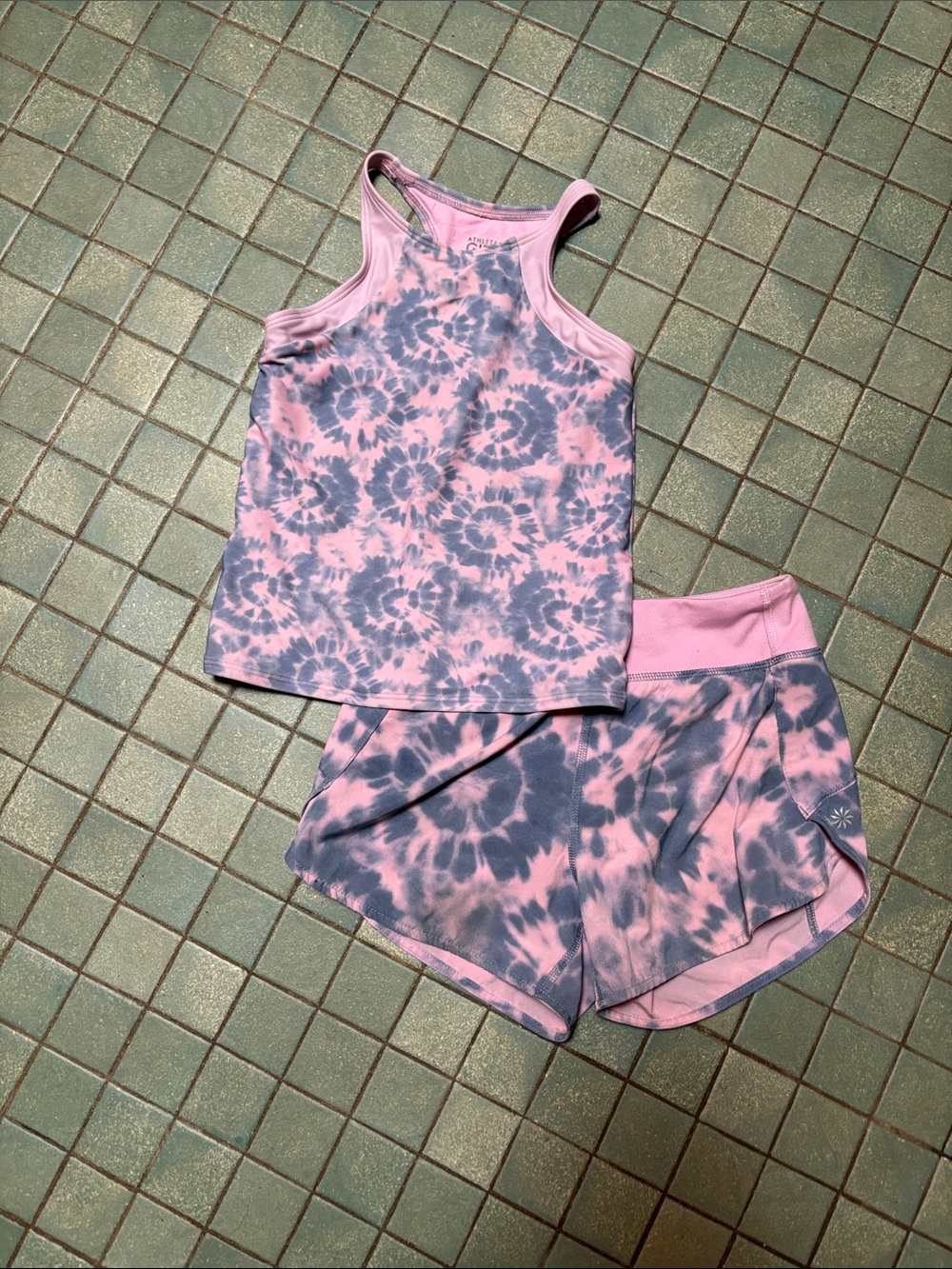 Athleta Pink and Blue Tie-Dye Girls' Athletic Shorts and tank top